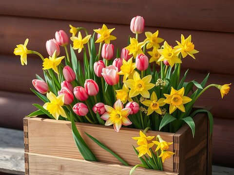 Wooden planter filled with blooming tulips and daffodils, daffodil, tulip