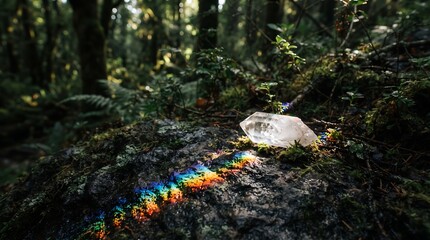 Obraz premium A vibrant manifestation of longevity through a crystal in a forest where picking fruits and vegetable for a vegan diet reflects neurodiversity