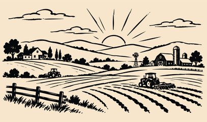 Fototapeta premium Rural landscape with farm tractors plowing fields and sunrise over rolling hills vintage sketch illustration for agriculture and country life themes