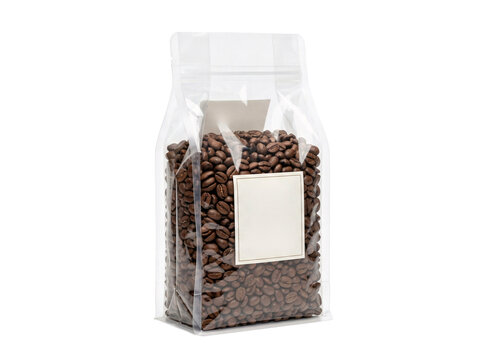 Transparent Stand Up Coffee Bag Sealed Packaging Mockup With Blank Label Cutout PNG
