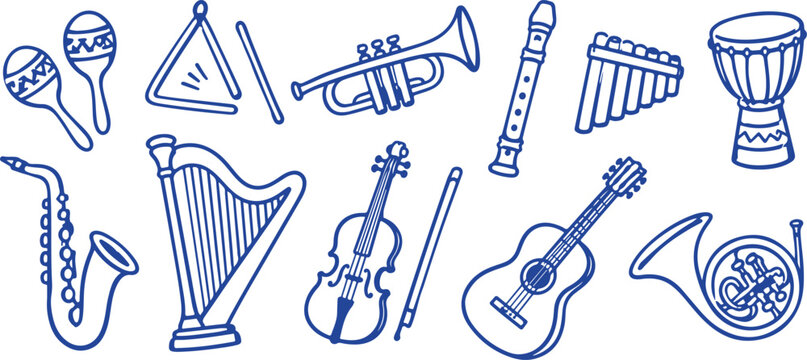 Collection of hand-drawn musical instruments doodle style vector icons for music education and creative projects isolated on white background