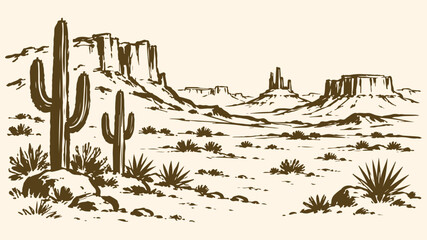 Hand-drawn desert landscape with saguaro cacti and mesas vintage western illustration for travel and nature themes isolated on cream background © Ghaffar.Arts