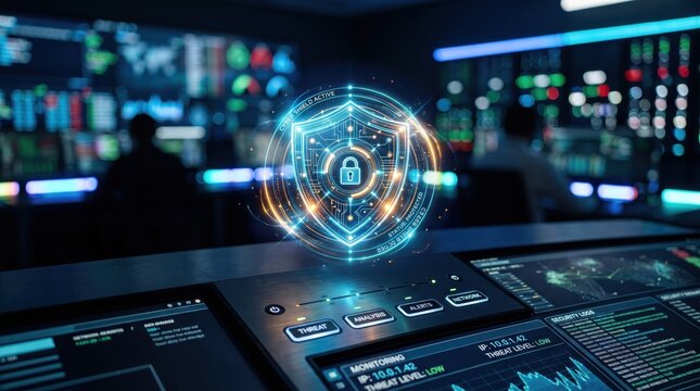 Digital shield hologram hovers above control panels inside an advanced security operations room setting.