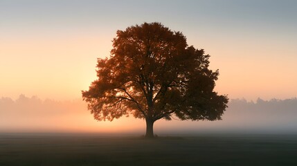 Obraz premium Stately autumn tree standing alone in a serene, misty field at sunrise with golden light