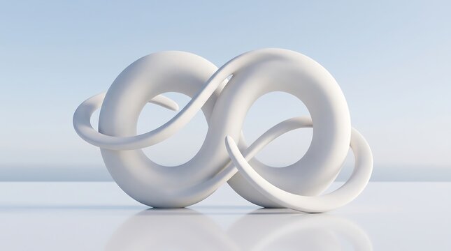 Abstract white sculpture with infinity curves on a reflective surface against sky