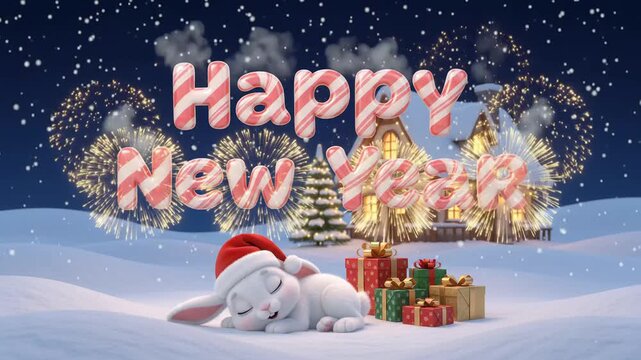 A 3D animation of a sleeping rabbit wearing a santa hat in a snowy winter landscape, featuring a cottage house and gift boxes for a holiday greeting card video production.