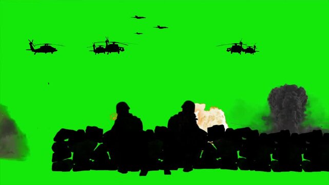 Military fighter jet aircraft formation silhouette flying over green screen chroma key video background
