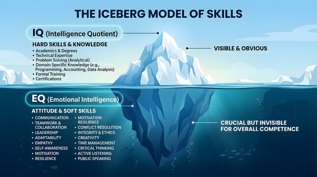 Detailed iceberg model infographic on IQ and EQ intelligence skills.