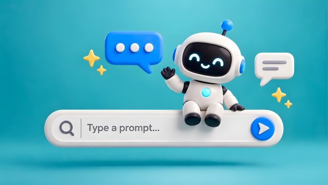 Cute 3d robot character sitting on search bar with floating chat bubbles and yellow stars on teal background