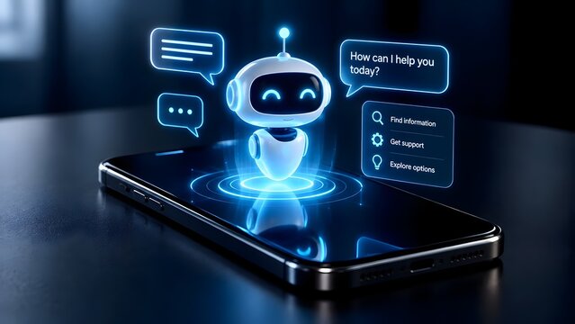 Glowing blue holographic robot chatbot projecting from smartphone screen with support menu and chat bubbles