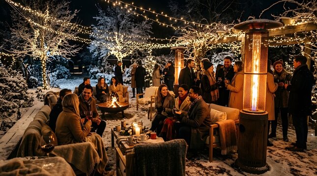 A cozy winter gathering of friends enjoying drinks around an outdoor patio heater under fairy lights.