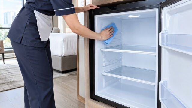 Hotel maid wiping the inside of a small mini fridge with a blue microfiber cloth cleaning service guest room housekeeper