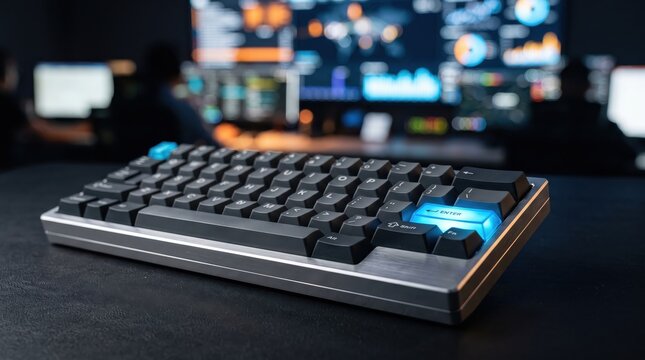 Mechanical keyboard with a glowing blue keycap sits on a desk in a dark operations center with blurred monitors and personnel in the background.