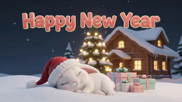A 3D animation video of a white rabbit wearing a Santa hat sleeping in snow with gift boxes, a Christmas tree, a wooden house, and glowing Happy New Year text with fireworks for holidays.