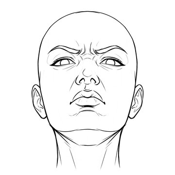 Hand drawn sketch of Asian female teen head base, low angle view, angry pouting expression, isolated on white background. Technical line art.