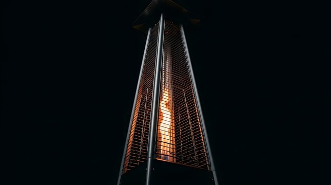 Warm glow of outdoor pyramid heater at night.