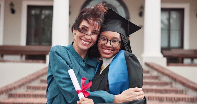 University, hug and student with professor for graduation, face and milestone for education goals. Portrait, campus and embrace with ceremony, degree and success for achievement and college diploma