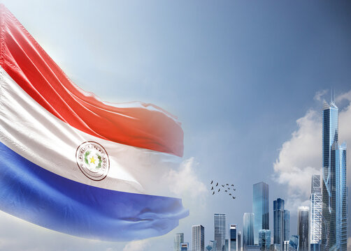 Paraguay national flag waving in sky with modern building skyline. Paraguay national flag for independence day.