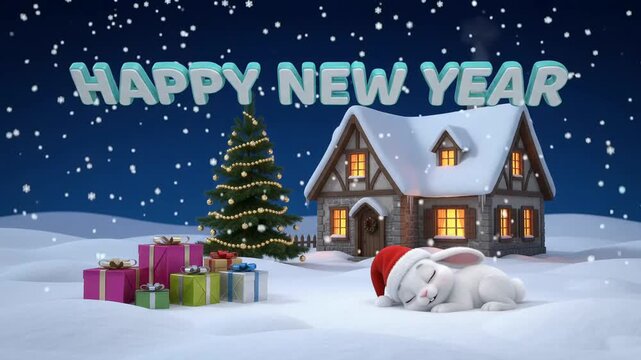 A 3D animation of a sleeping rabbit wearing a santa hat near a snow covered cottage, pine tree and gift boxes, with falling snow and fireworks for holiday greeting card backgrounds.
