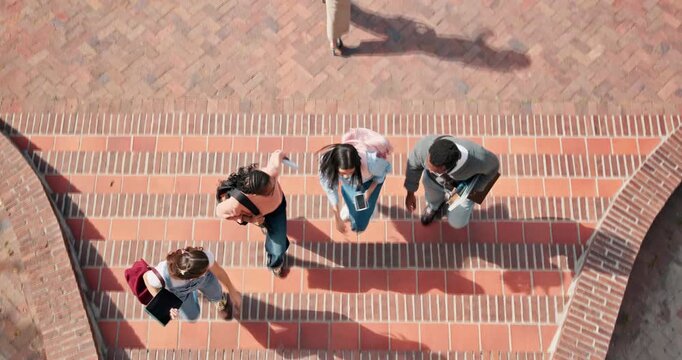 Above, college and students on campus for welcome, bonding and school acceptance or friends. Wave, gen z people and walking with support, education and ready to start day at university for greeting