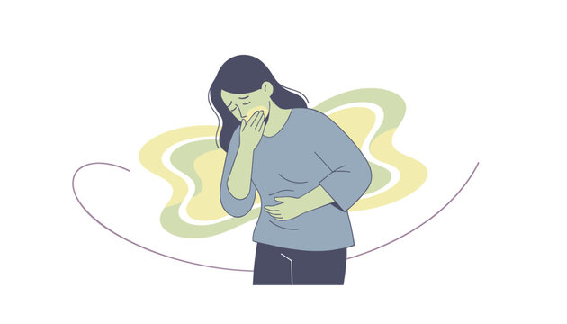 Sick woman clutching her belly while feeling severe stomach pain or nausea against a wavy colorful background.