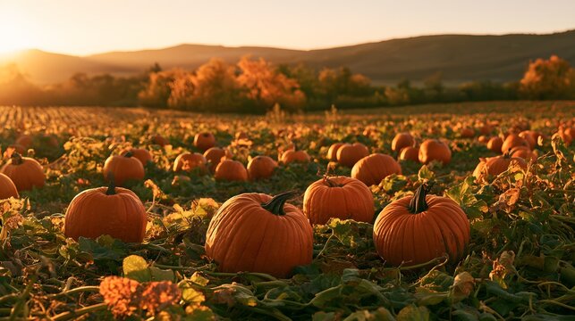Scenic autumn pumpkin patch at sunset with golden light over rolling hills