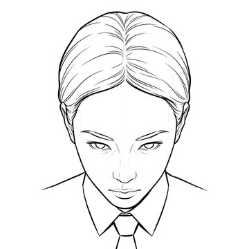 Hand drawn sketch of Asian female head with strict dark academia collar, high angle view, isolated on white background. Technical line art illustration.