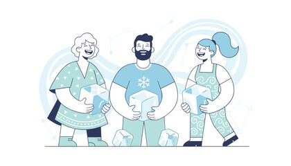 Fototapeta premium Group of three cheerful diverse friends carrying giant heavy ice cubes while laughing on a cold winter day.