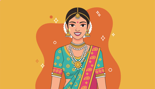 Beautiful Indian woman wearing traditional green saree and pink dupatta with elegant gold jewelry on a warm orange background.