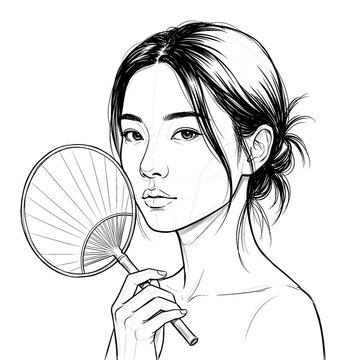 Hand drawn sketch of Asian female head with silk fan, 3/4 view, isolated on white background. Technical line art.