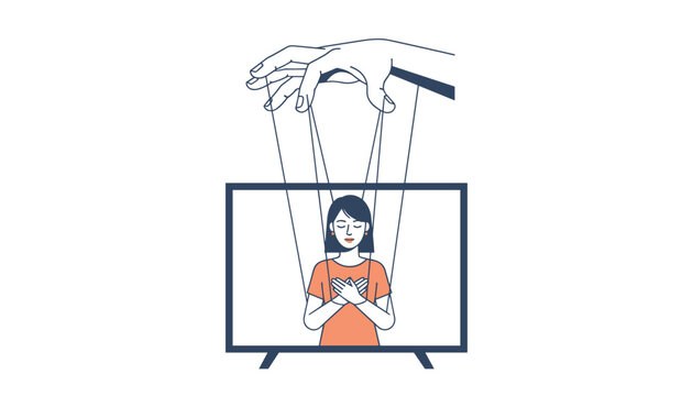Giant hand manipulating a distressed woman like a puppet with strings attached to her on a modern television screen.