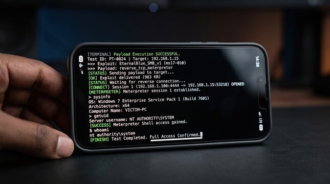 Mobile phone held horizontally in a person's hand shows command line terminal text on the screen confirming full system access.