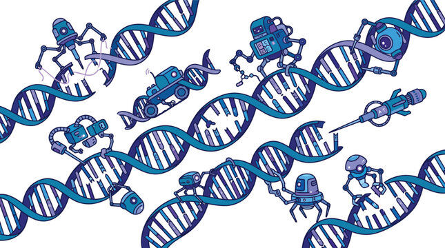 Robotic nanobots repairing DNA strands representing genetic engineering and biotechnology concepts in a clean vector illustration style
