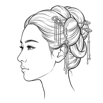Hand drawn sketch of Asian female head with buyao hairpins, profile view, isolated on white background. Technical line art.