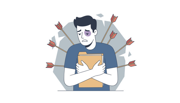 Sad young businessman holding a confidential folder tightly while being targeted with sharp arrows in his back.