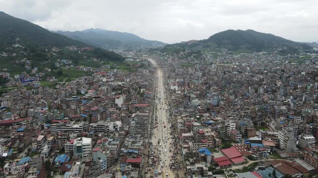 Drone view of Banepa bazar in Kavre, Nepal.
