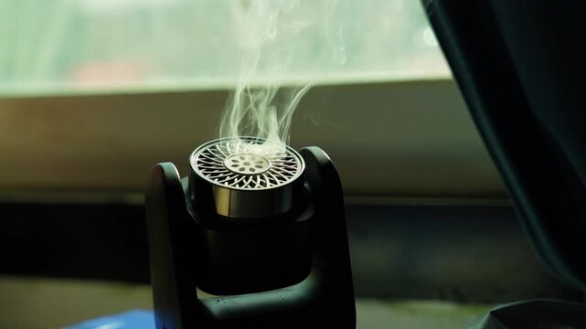 Close-up of a black electronic aroma diffuser emitting a thin trail of white mist. The modern device sits indoors near a bright window and dark curtain, creating a relaxing atmospheric mood.