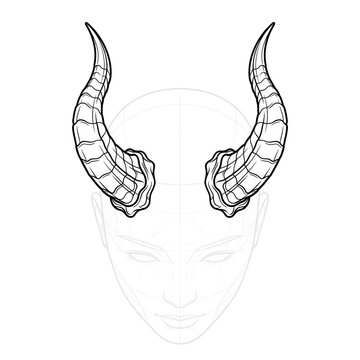 Hand drawn sketch of Oni horns on dummy head base, high angle view, isolated on white background. Technical line art.