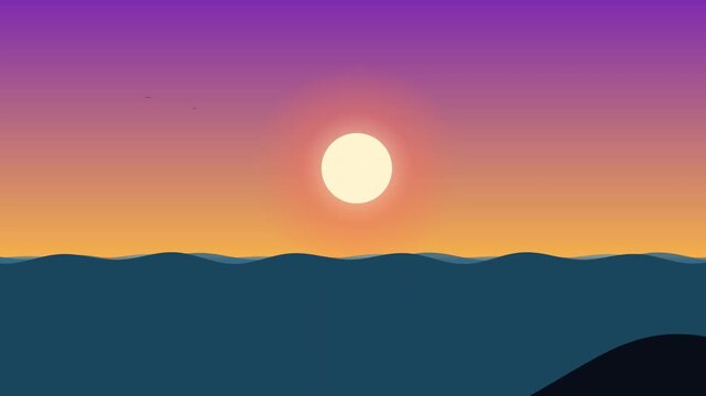 Sunset over calm ocean waves with vibrant gradient sky and minimalist horizon line