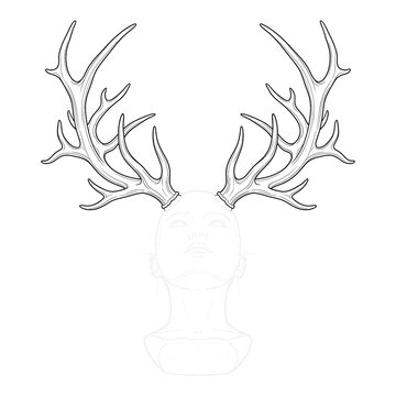 Hand drawn sketch of Antlers on dummy head base, low angle view, isolated on white background. Technical line art.