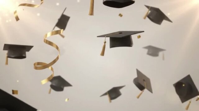 Graduation caps floating mid-air with gold tassels in clean white studio background