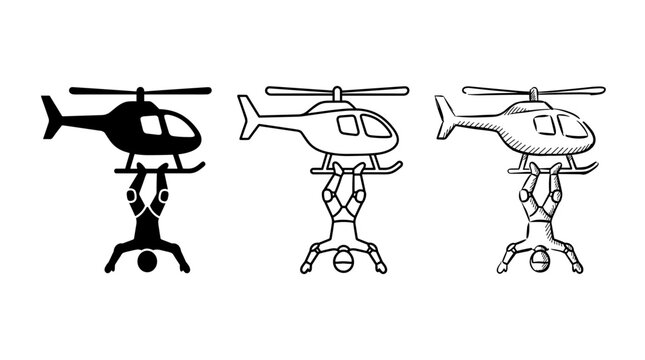 Stuntman Hanging from Helicopter Icons Set in Solid Outline and Sketch