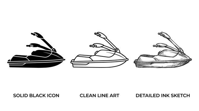 Set of jet ski icons in side view featuring solid black silhouette, clean line art, and detailed ink sketch style on white background