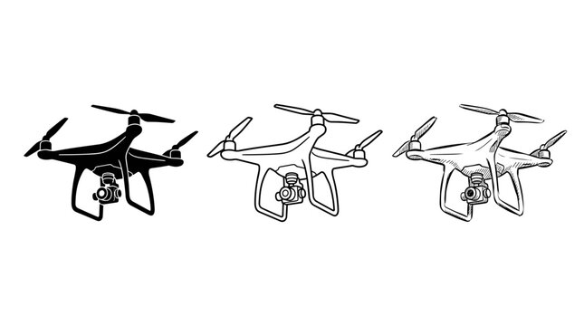 Set of quadcopter drone icons in solid black silhouette, minimalist line art, and detailed pencil sketch style on white background