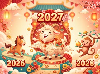 Fototapeta premium Chinese zodiac transition concept showing a large elegant goat as the central figure with bold 2027, 2026 a horse, and 2028 behind a monkey