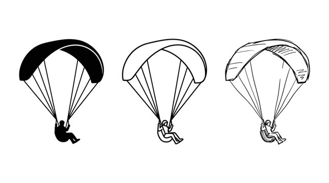 Three styles of paragliding icons in a row, featuring a paraglider in flight with a person below, depicted in solid, outline, and sketch forms