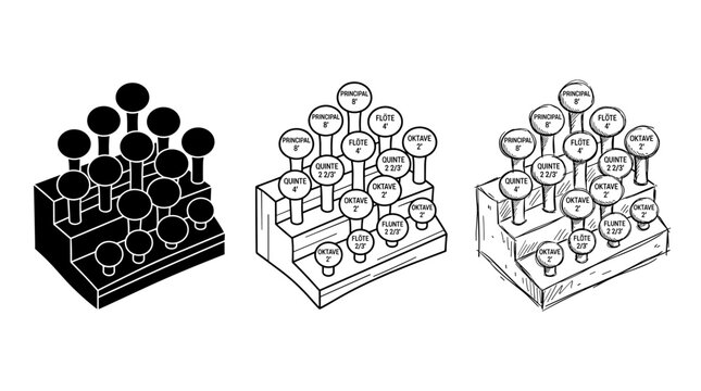 Organ Stop Knobs with Labels in Three Art Styles