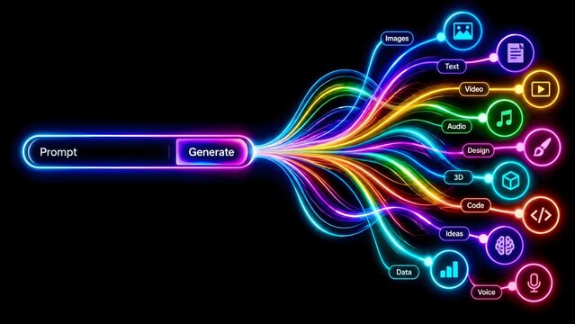 Glowing artificial intelligence prompt interface expanding into multiple digital content generation streams