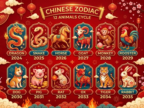 Full Chinese zodiac lineup featuring all 12 animals in one composition, each animal clearly separated and labeled with its corresponding year