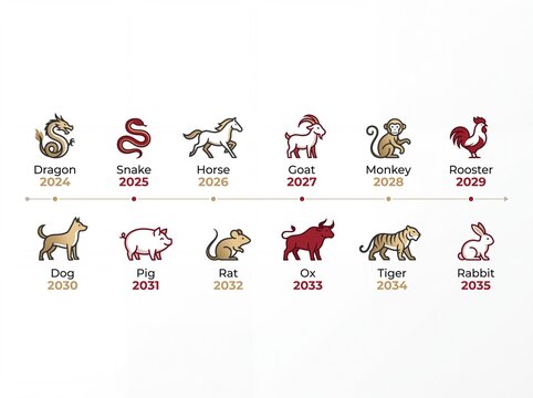 Chinese zodiac timeline with all 12 zodiac animals in chronological order, each animal by its year 